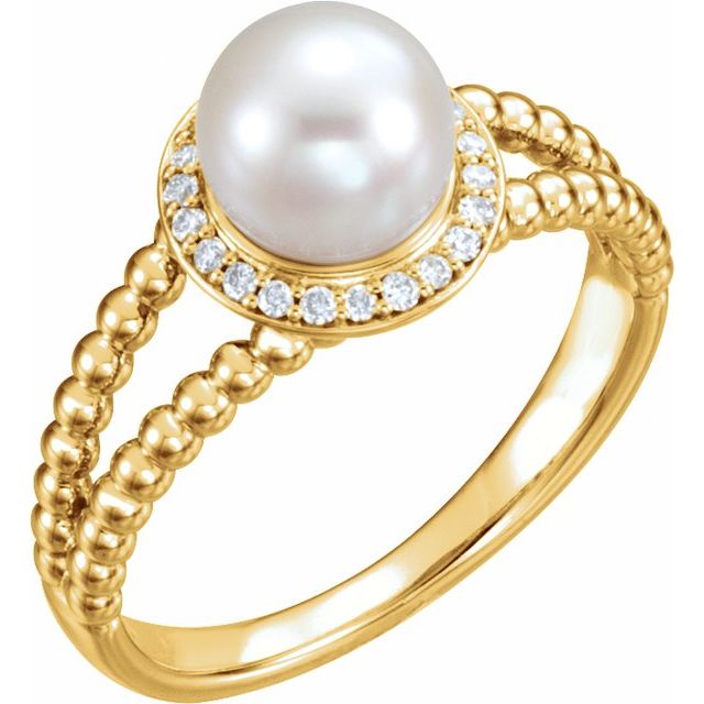 14K Yellow Cultured White Freshwater Pearl & .08 CTW Natural Diamond Halo-Style Beaded Ring