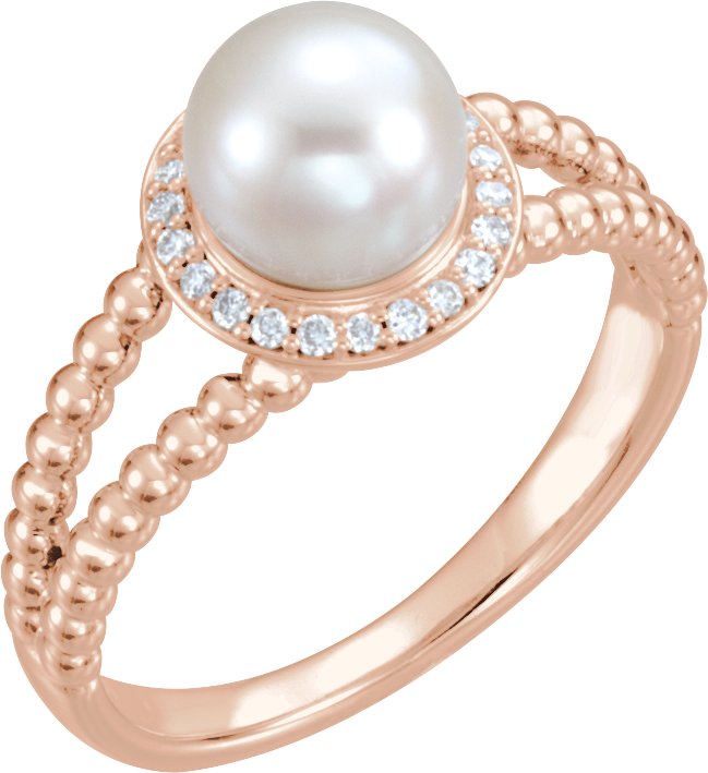 14K Rose Cultured White Freshwater Pearl & .08 CTW Natural Diamond Halo-Style Beaded Ring