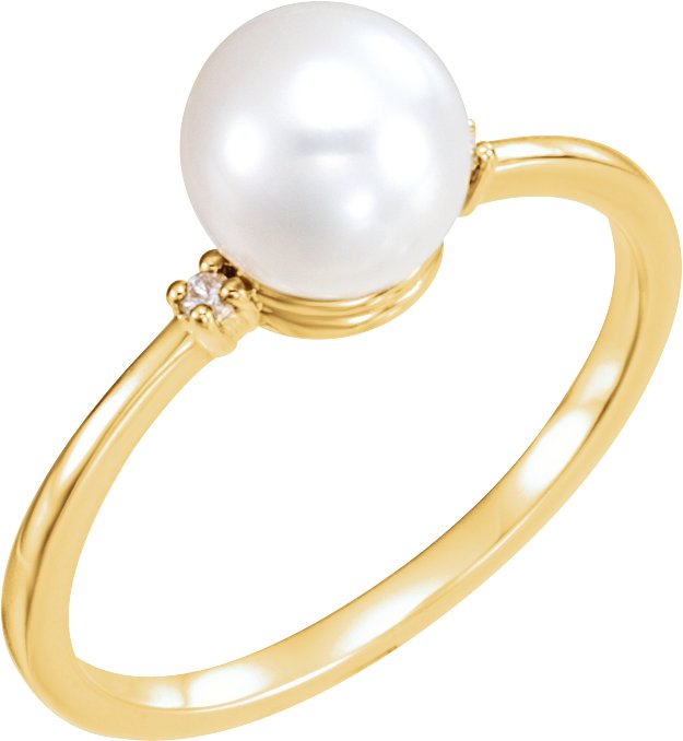 14K Yellow Cultured White Freshwater Pearl & .025 CTW Natural Diamond Ring