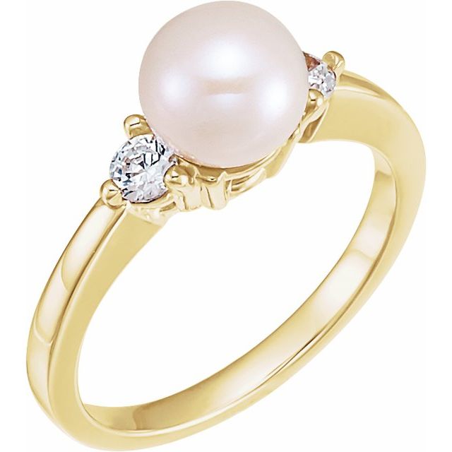 14K Yellow Cultured White Akoya Pearl & 1/6 CTW Natural Diamond Ring