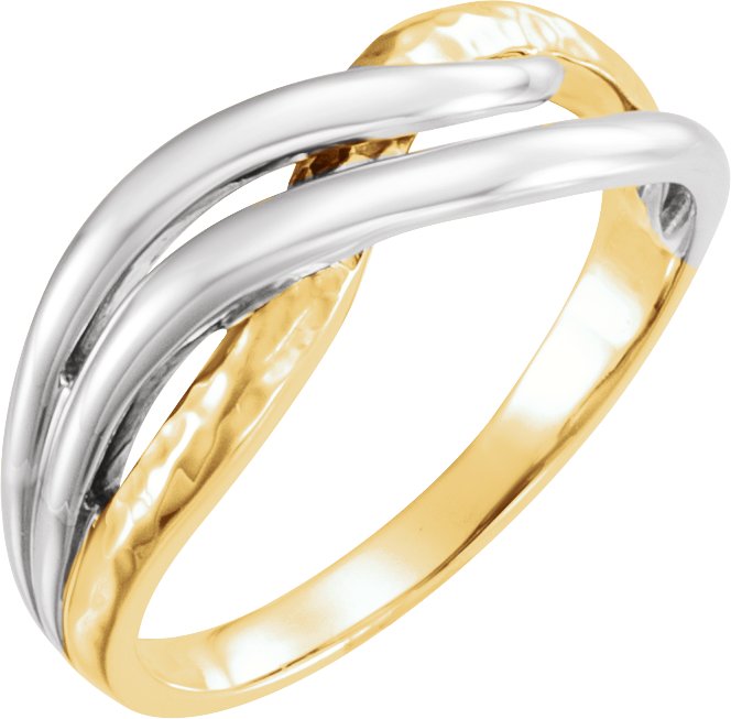 14K Yellow/White Rhodium-Plated Criss-Cross Hammered Ring