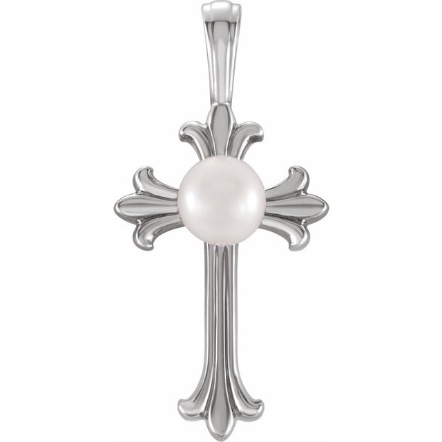 14K White Cultured White Freshwater Pearl Cross Pendant