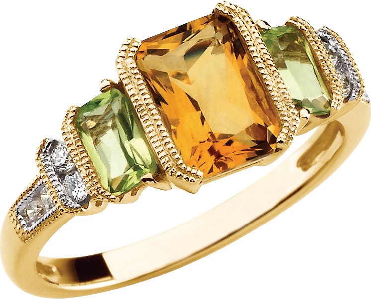 14K Yellow Natural Citrine, Natural Peridot & 1/8 CTW Natural Diamond Ring