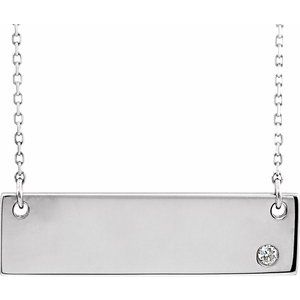 14K White .03 CT Natural Diamond Engravable Bar 17" Necklace 