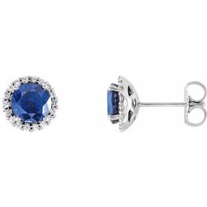 14K White Chatham® Lab-Created Blue Sapphire & 1/8 CTW Diamond Earrings