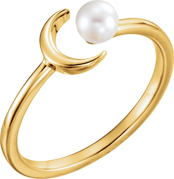 14K Yellow Cultured White Freshwater Pearl Crescent Moon Ring 