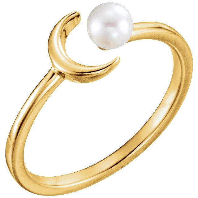 14K Yellow Cultured White Freshwater Pearl Crescent Moon Ring 