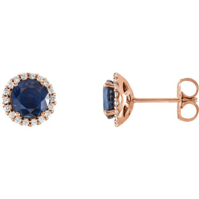 14K Rose 4 mm Natural Blue Sapphire & 1/10 CTW Natural Diamond Earrings