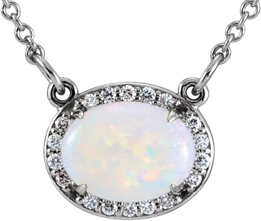 14K White Natural White Opal & .07 CTW Natural Diamond Halo-Style 16 1/2" Necklace