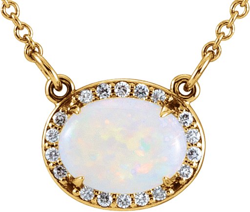 14K Yellow Natura White Opal & .07 CTW Natural Diamond Halo-Style 16 1/2" Necklace
