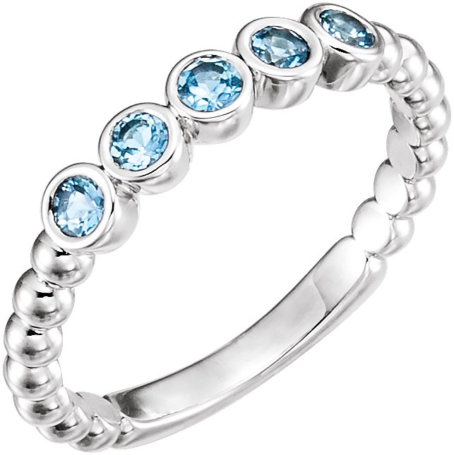 14K White Aquamarine Bezel Set Beaded Ring Ref 12725578