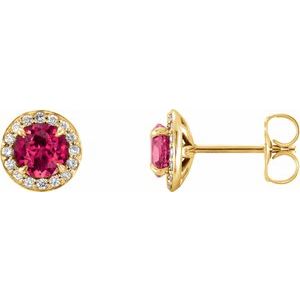 14K Yellow 3.5 mm Round Chatham® Created Ruby & 1/8 CTW Diamond Earrings
