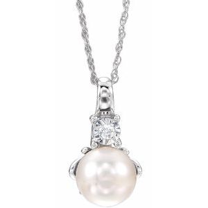 14K White Cultured White Freshwater Pearl & .02 CT Natural Diamond 18" Necklace
