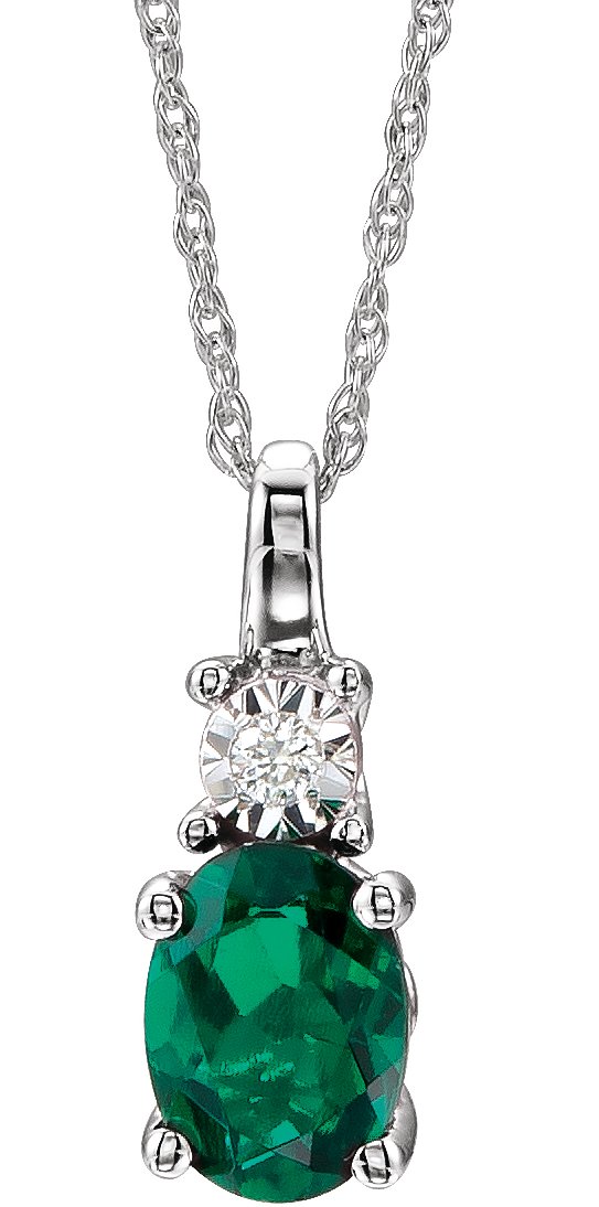 14K White Created Emerald & .02 CTW Diamond 18" Necklace