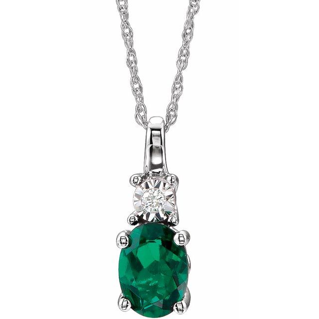 14K White Lab-Grown Emerald & .02 CT Natural Diamond 18