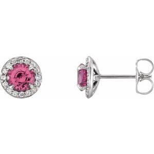 14K White 5 mm Round Pink Tourmaline & 1/8 CTW Diamond Earrings