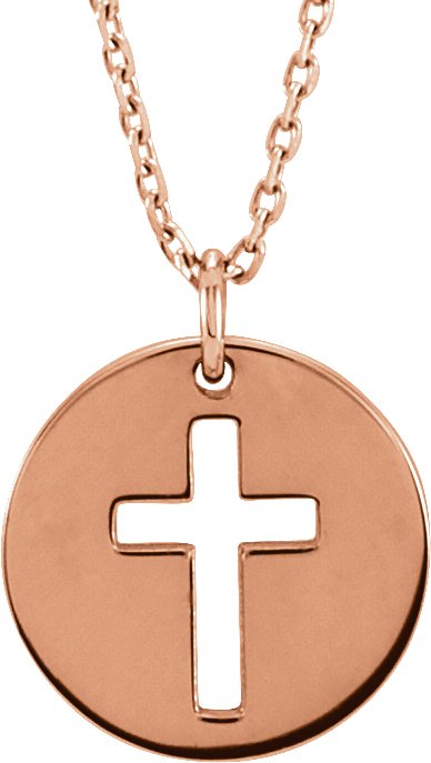 14K Rose Pierced Cross Disc 16 18 inch Necklace Ref. 12679555