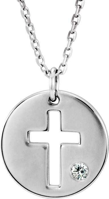 Sterling Silver .03 CT Natural Diamond Pierced Cross Disc 16-18" Necklace
