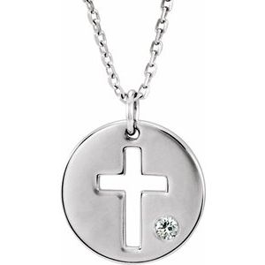 Sterling Silver .03 CT Natural Diamond Pierced Cross Disc 16-18" Necklace