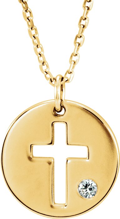 14K Yellow .03 CT Natural Diamond Pierced Cross Disc 16-18 Necklace