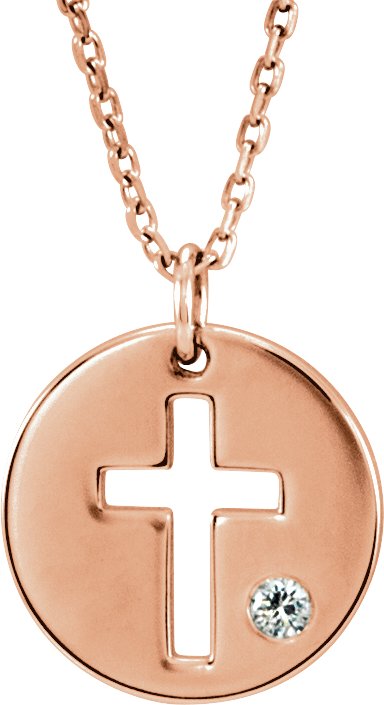 14K Rose .03 CT Natural Diamond Pierced Cross Disc 16-18 Necklace