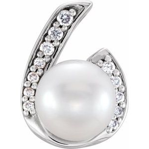 14K White Cultured White Freshwater Pearl & .06 CTW Natural Diamond Pendant