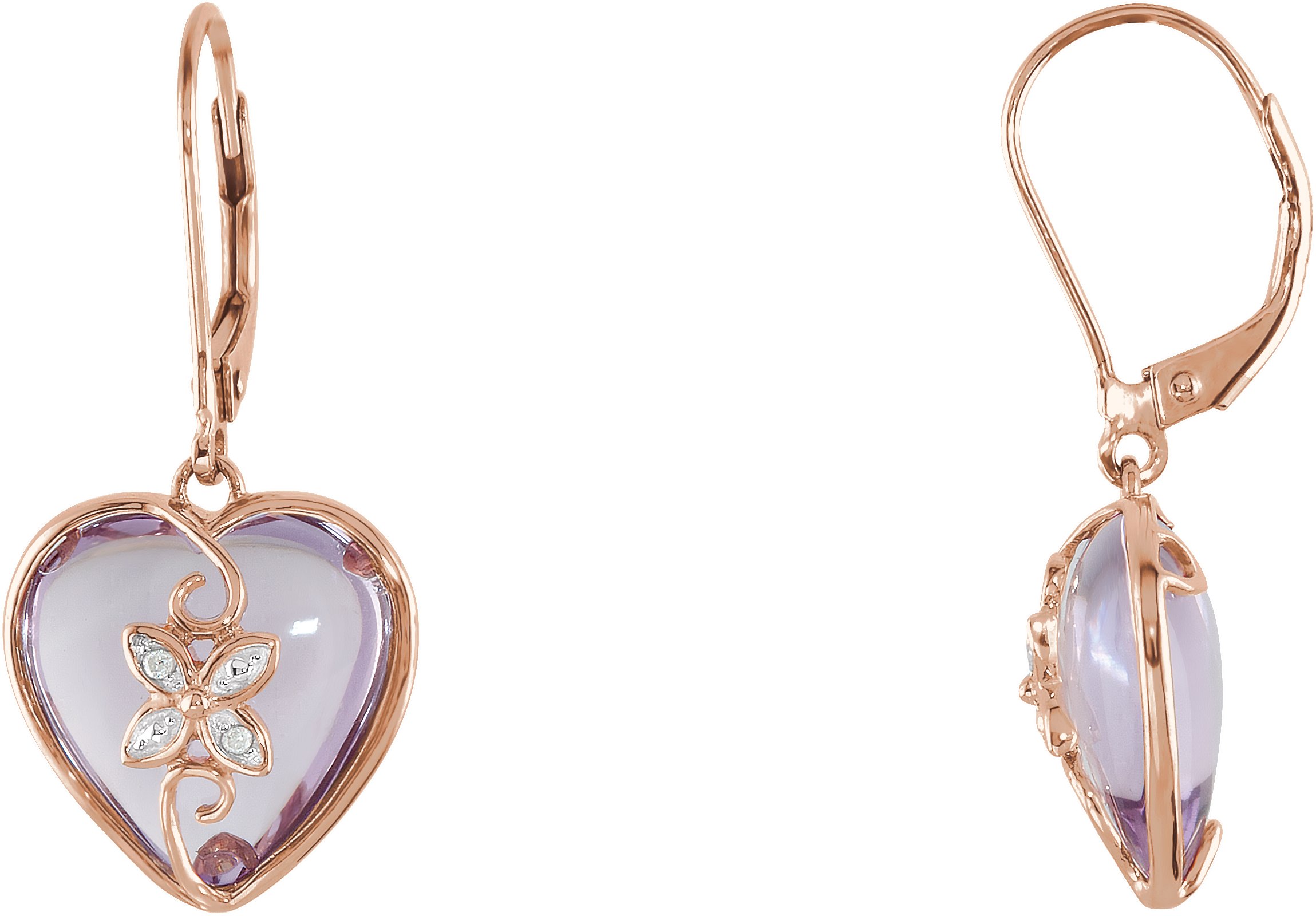 14K Rose Natural Rose de France & .06 CTW Natural Diamond Heart Earrings