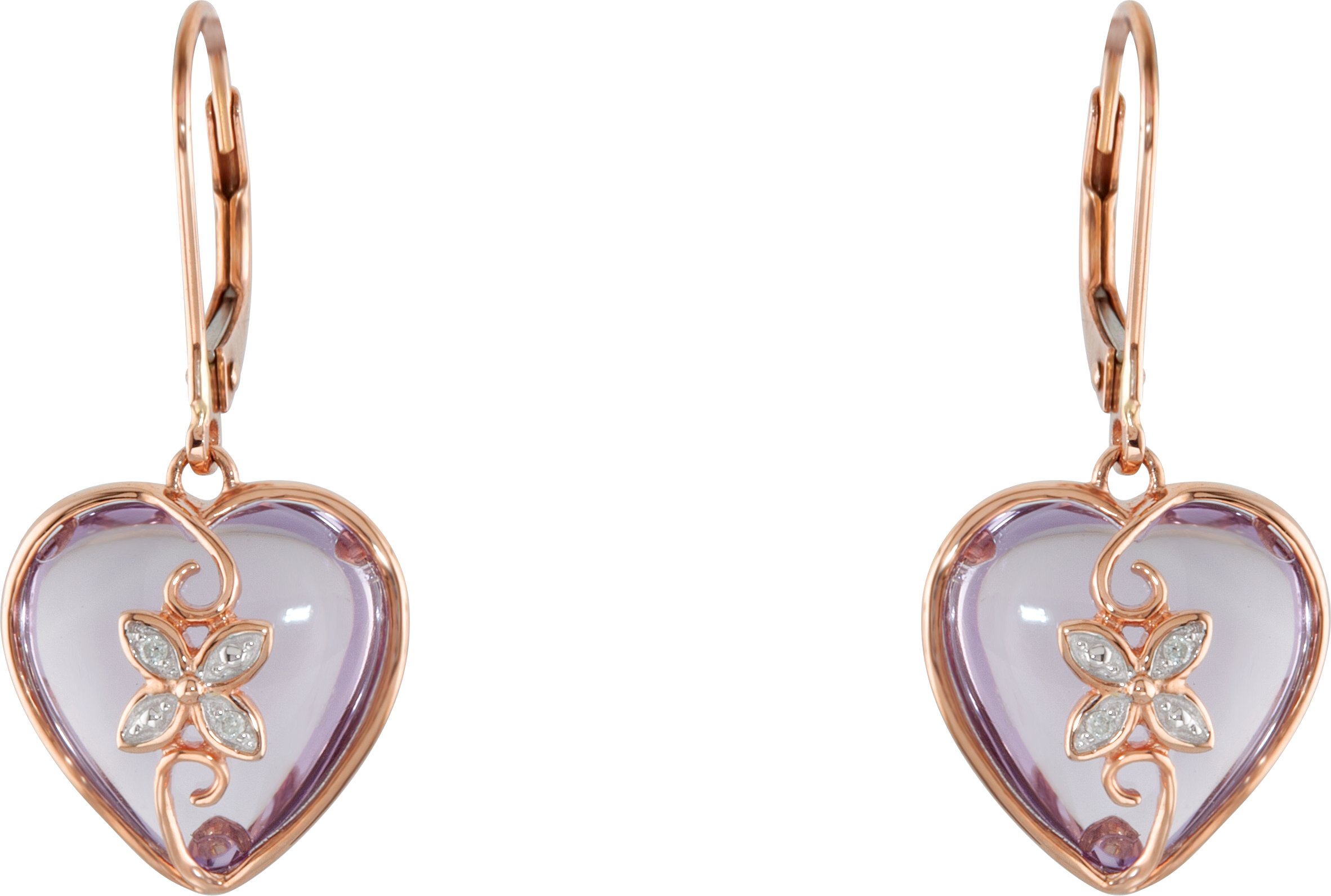 14K Rose Natural Rose de France & .06 CTW Natural Diamond Heart Earrings