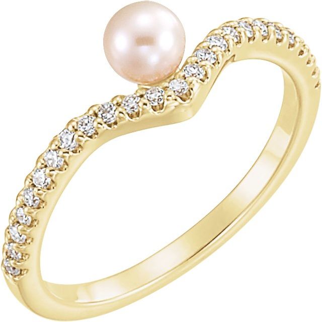 14K Yellow Cultured White Freshwater Cultured Pearl & 1/6 CTW Natural Diamond V Ring