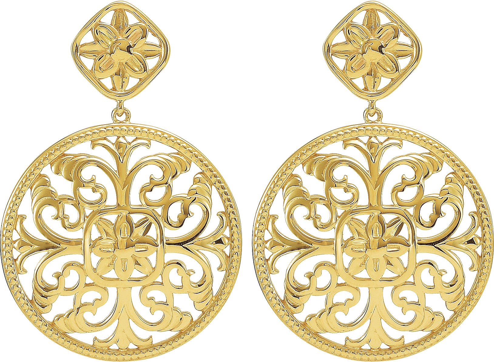 14K Yellow 31.4x21.5 mm Geometric Filigree Earrings