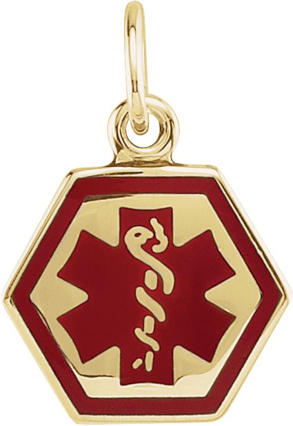 14K Yellow Medical Identification Red Enamel Pendant