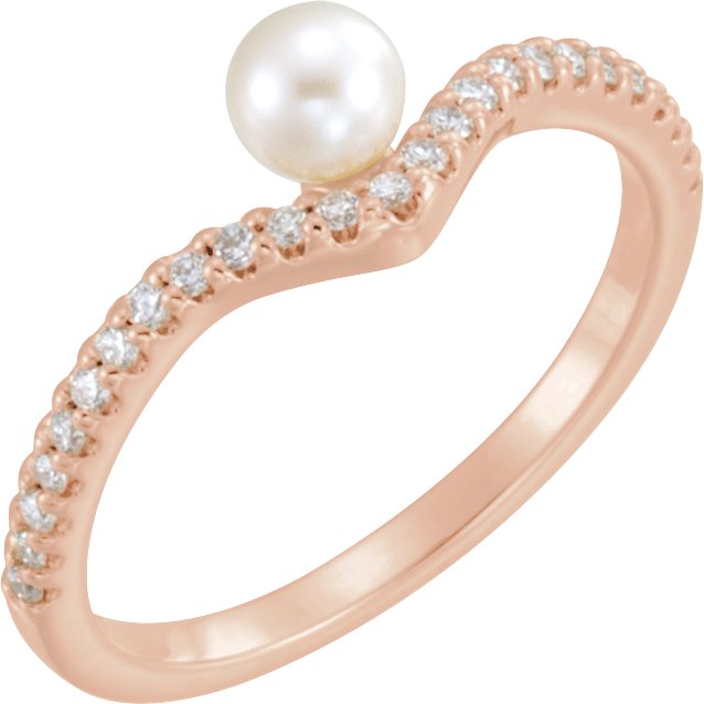 14K Rose Cultured White Freshwater Cultured Pearl & 1/6 CTW Natural Diamond V Ring