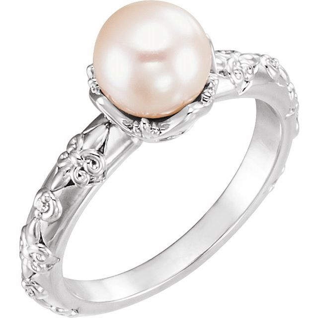 14K White Cultured White Freshwater Pearl & .02 CTW Natural Diamond Ring