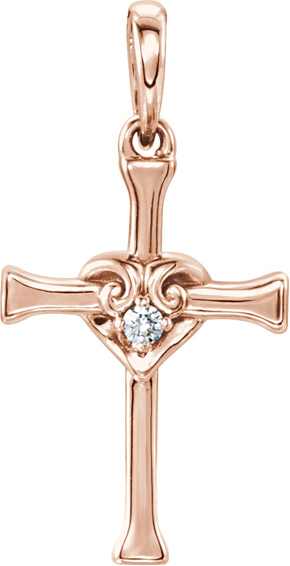 14K Rose .025 CT Natural Diamond Cross with Heart Pendant