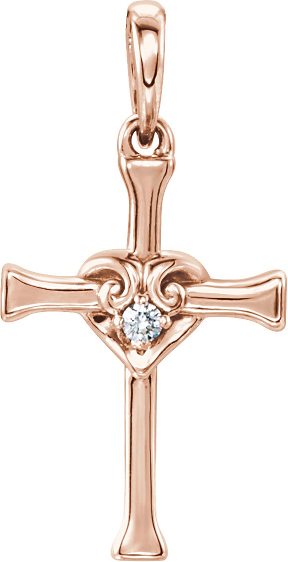 14K Rose .025 CT Natural Diamond Heart & Cross Pendant