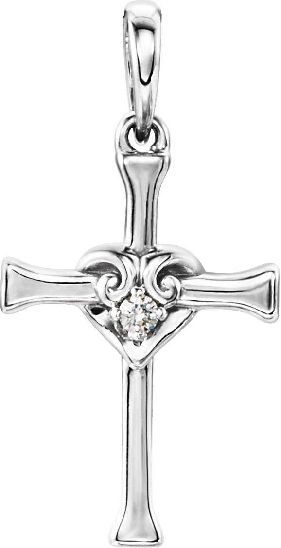 14K White .025 CT Natural Diamond Cross with Heart Pendant