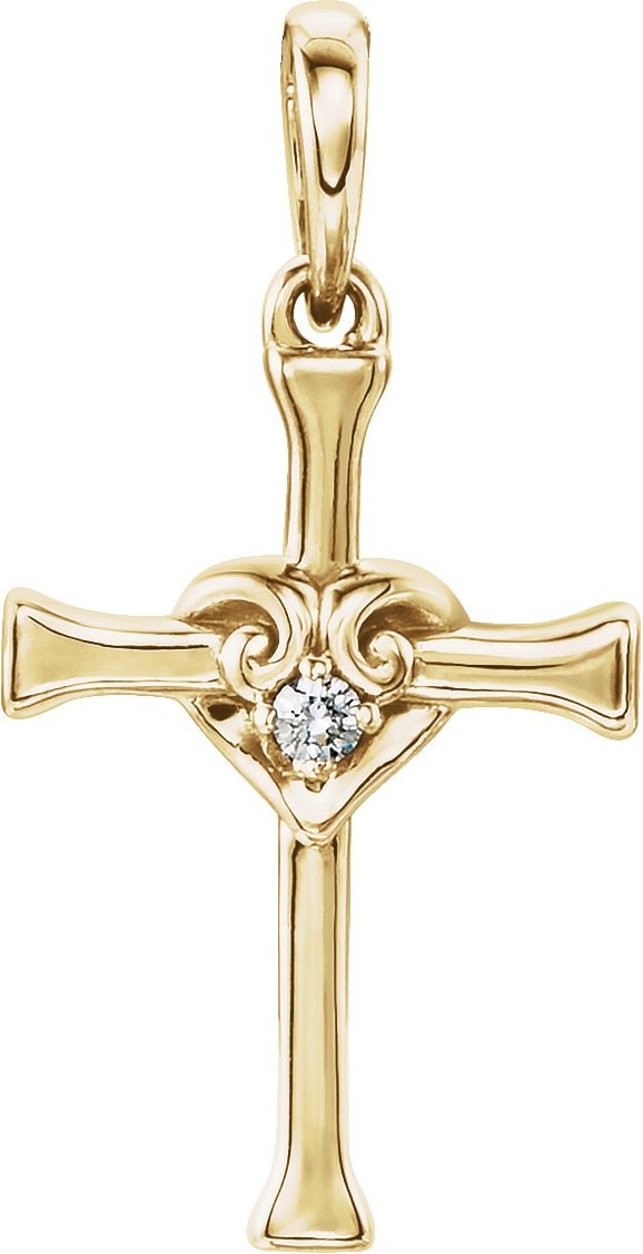 14K Yellow .025 CT Natural Diamond Heart & Cross Pendant