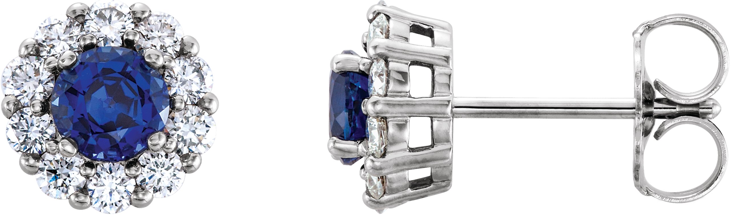 14K White 5.5 mm Round Chatham® Created Blue Sapphire & 1/2 CTW Diamond Earrings