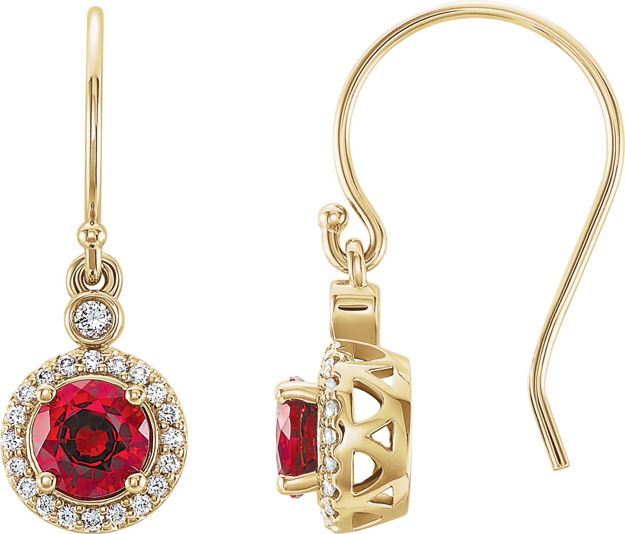 14K Yellow Lab-Grown Ruby & 1/8 CTW Natural Diamond Halo-Style Earrings