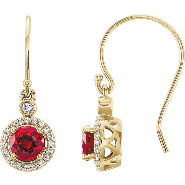 14K Yellow Lab-Grown Ruby & 1/8 CTW Natural Diamond Halo-Style Earrings