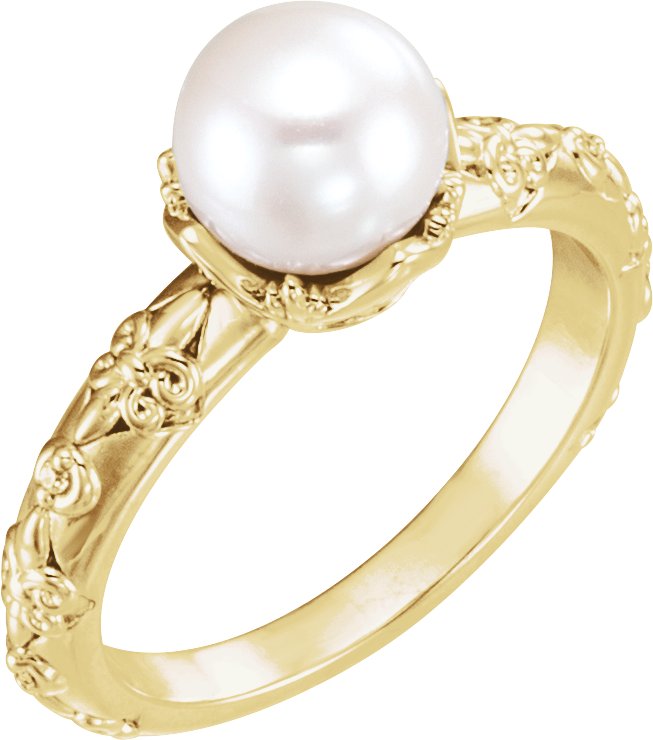 14K Yellow Cultured White Freshwater Pearl & .02 CTW Natural Diamond Ring