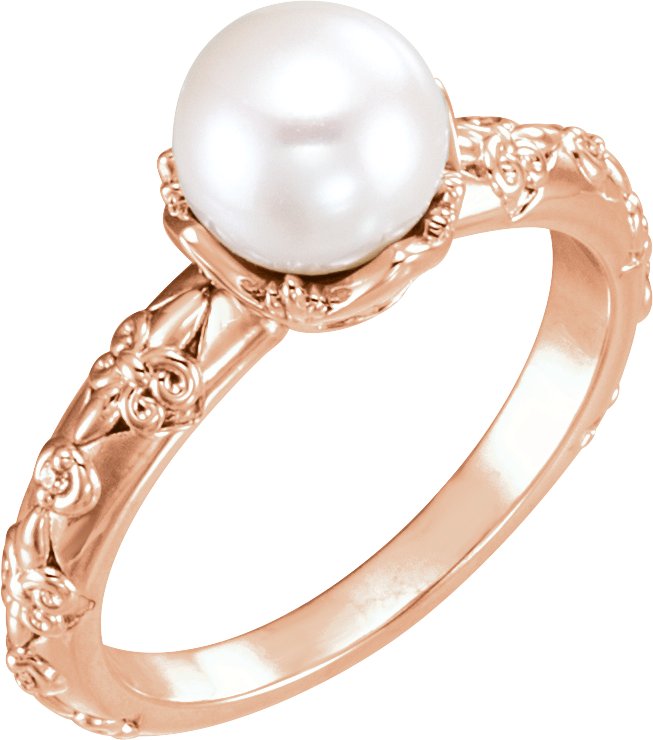 14K Rose Cultured White Freshwater Pearl & .02 CTW Natural Diamond Ring