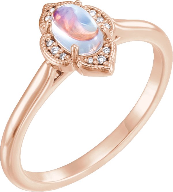 14K Rose Natural Rainbow Moonstone & .03 CTW Natural Diamond Ring