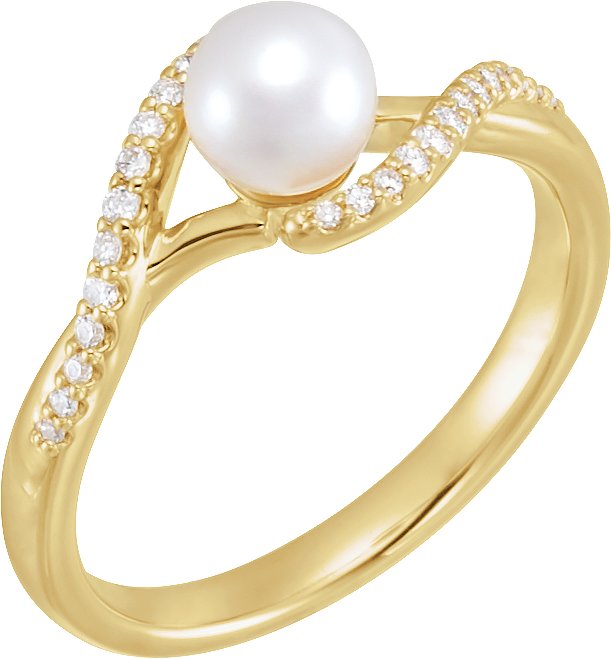 14K Yellow Cultured White Freshwater Pearl & 1/10 CTW Natural Diamond Ring