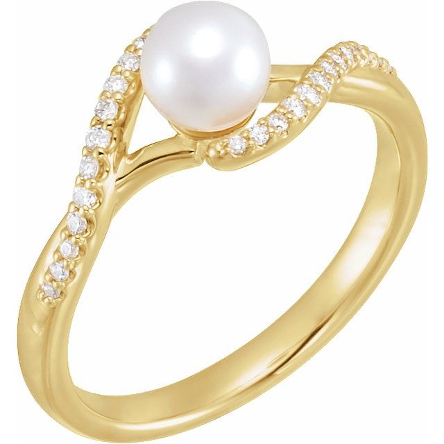 14K Yellow Cultured White Freshwater Pearl & 1/10 CTW Natural Diamond Ring