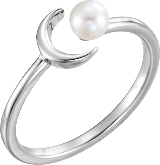 14K White Cultured White Freshwater Pearl Crescent Moon Ring 