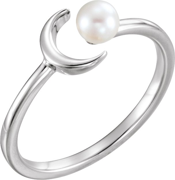 14K White Cultured White Freshwater Pearl Crescent Moon Ring <br>(Size 7)