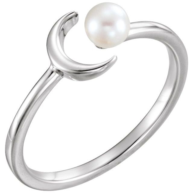 14K White Cultured White Freshwater Pearl Crescent Moon Ring 