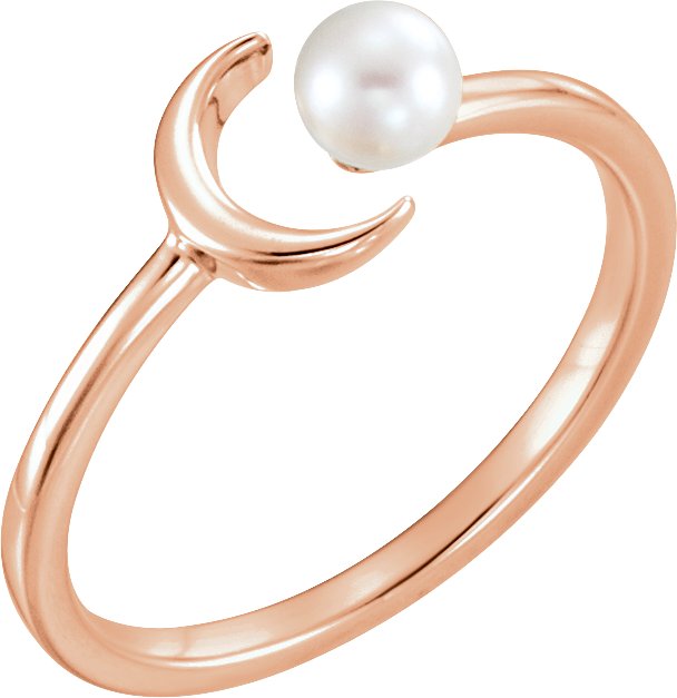 14K Rose Cultured White Freshwater Pearl Crescent Moon Ring <br>(Size 7)