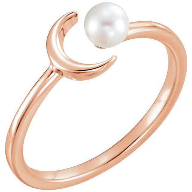 14K Rose Cultured White Freshwater Pearl Crescent Moon Ring 